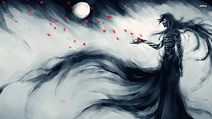Dark Skeleton Figure Releasing Red Petals Under Full Moon HD wallpaper