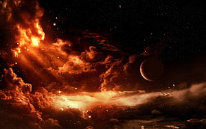 Fiery Red Nebula and Distant Planet in Deep Space HD wallpaper