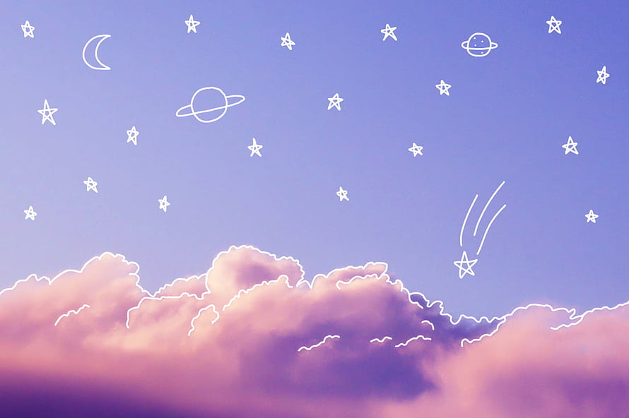 Dreamy Pastel Sky with Hand-Drawn Celestial Elements and Soft Pink Clouds HD wallpaper