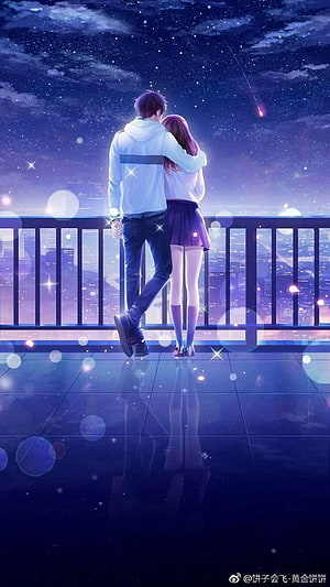 Romantic Anime Couple Embracing on a Rooftop Terrace Under a Starry Night Sky HD phone wallpaper