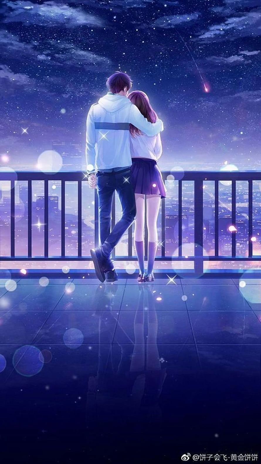 Romantic Anime Couple Embracing on a Rooftop Terrace Under a Starry Night Sky HD phone wallpaper