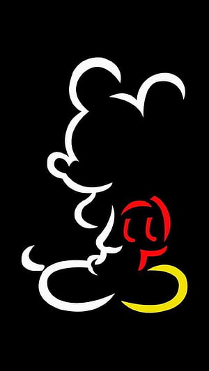 Minimalist Mickey Mouse Silhouette with Red and Yellow Accents on Black Background HD phone wallpaper
