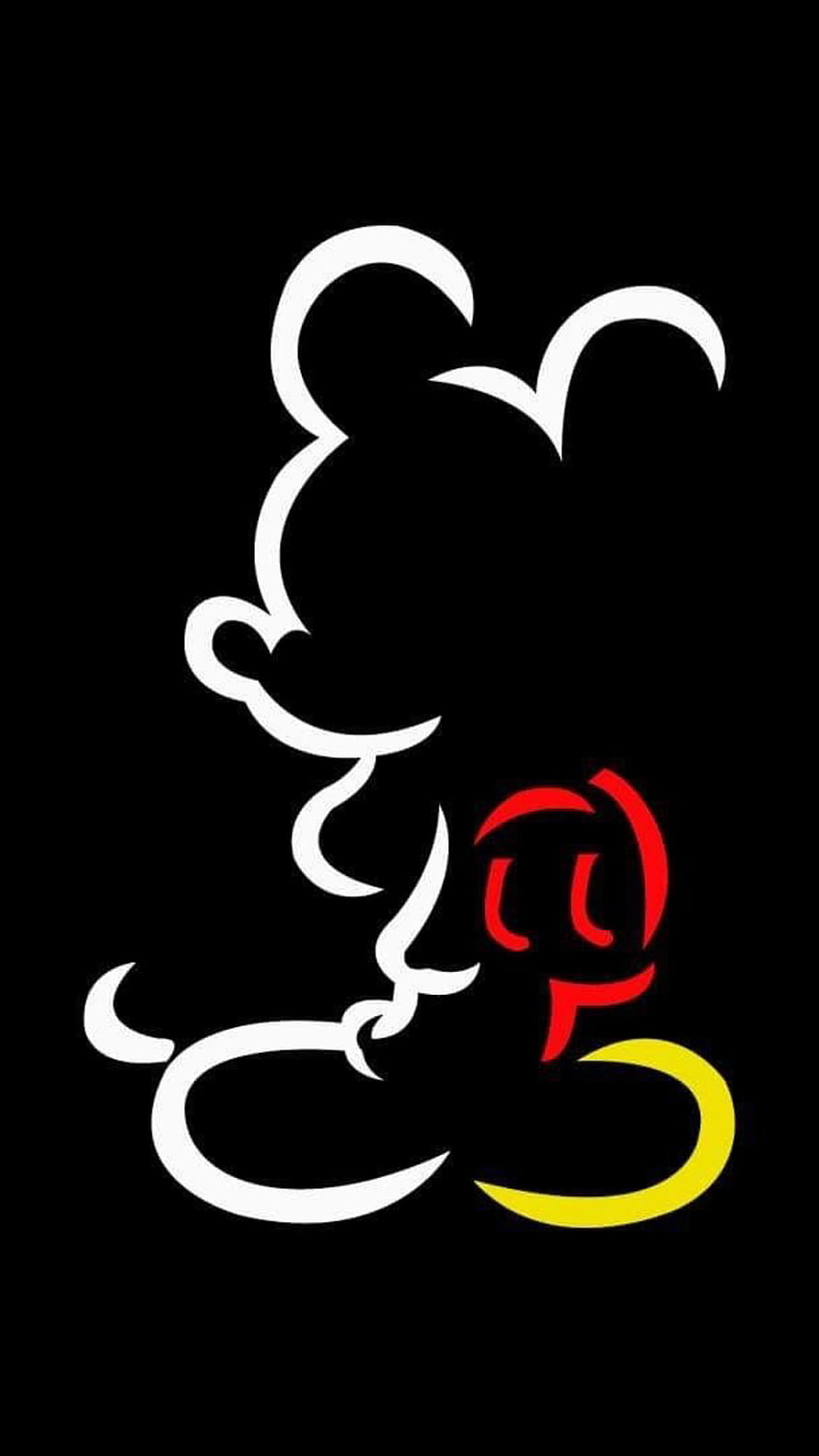Minimalist Mickey Mouse Silhouette with Red and Yellow Accents on Black Background HD phone wallpaper