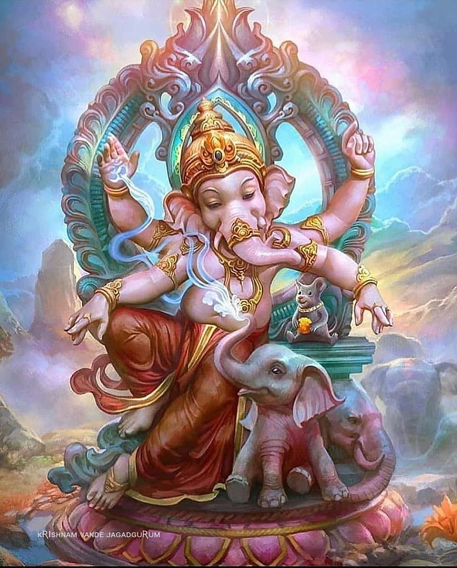 Lord Ganesha Sitting with Baby Elephant and Mouse on Lotus Throne HD phone wallpaper