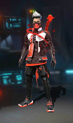 Cyberpunk Male Character in Red and Black Tactical Suit with Glowing Weapon HD phone wallpaper