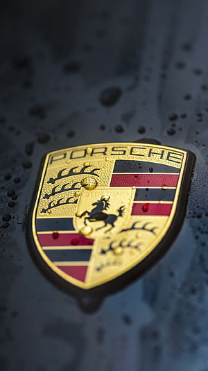 Close-Up of Wet Porsche Emblem on Dark Car Hood HD phone wallpaper