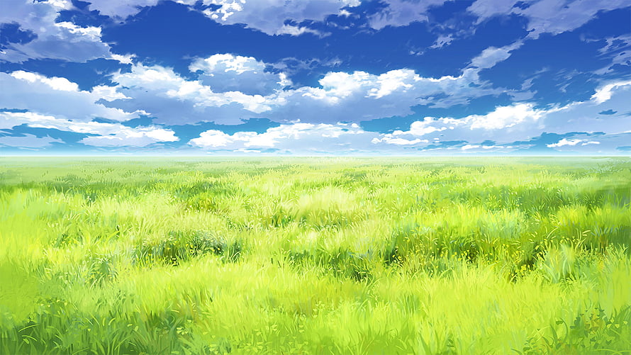Vast Green Grassland Under a Bright Blue Sky with Fluffy White Clouds in Anime Style HD wallpaper