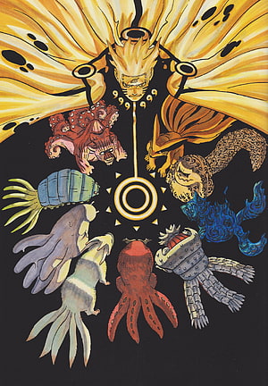 Naruto Uzumaki in Nine-Tails Chakra Mode with the Eight Tailed Beasts HD phone wallpaper