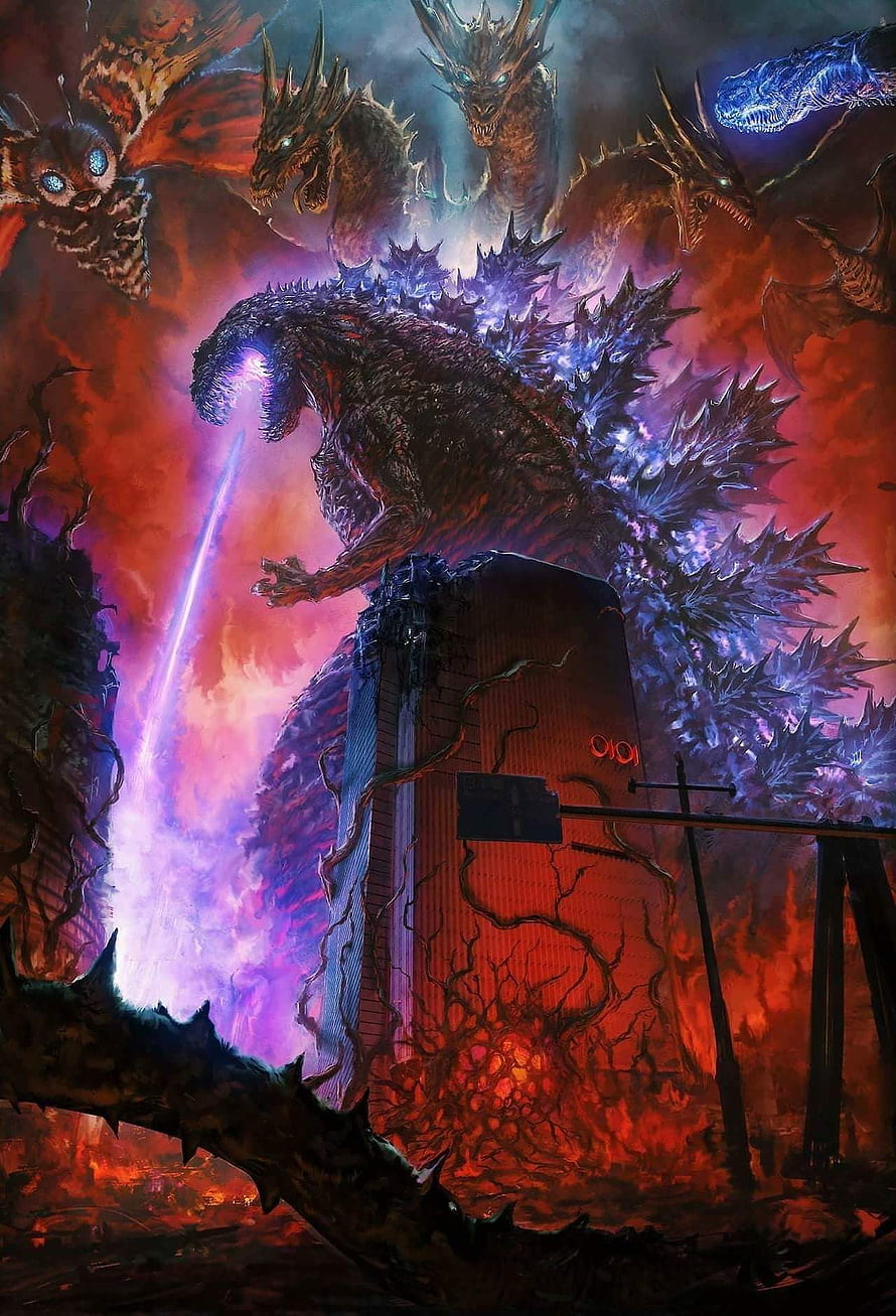 Shin Godzilla unleashing atomic breath over a burning city with multiple kaiju in the sky HD phone wallpaper