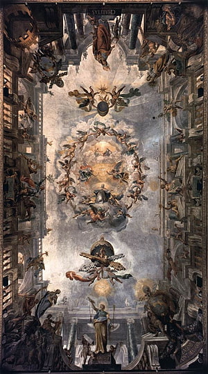 Baroque Ceiling Fresco Depicting Catholic Saints and Angels in a Grand Architectural Setting HD phone wallpaper