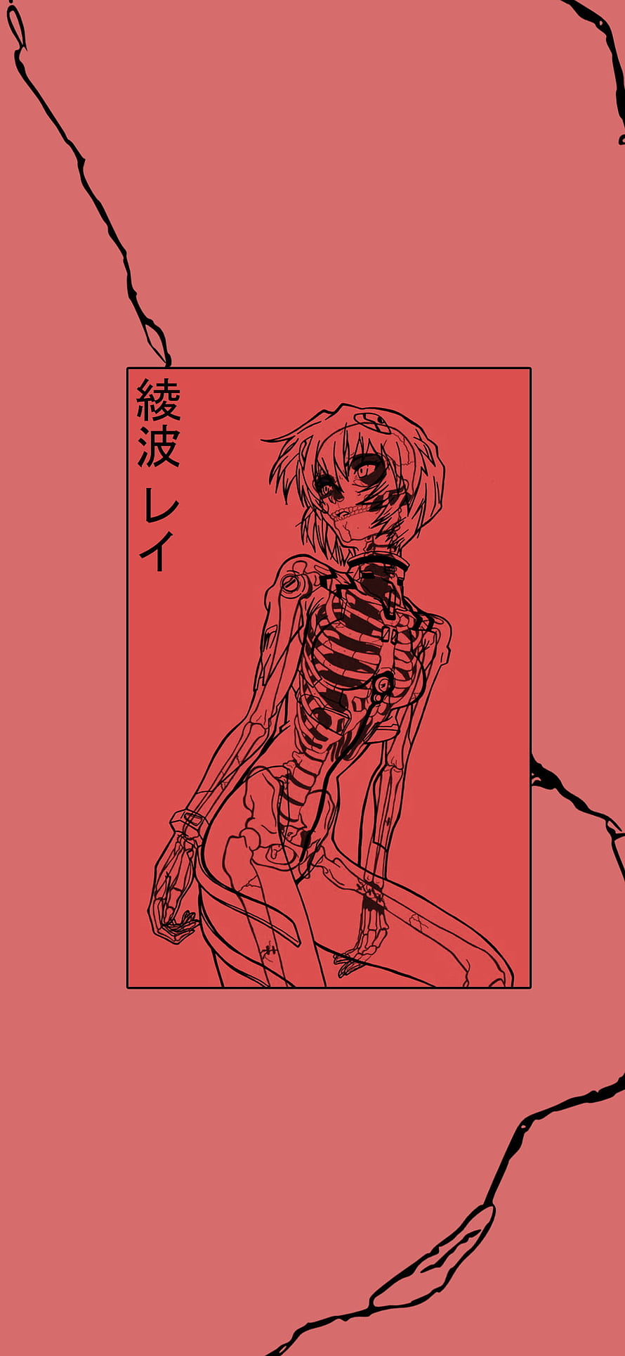 Rei Ayanami Evangelion Skeleton Line Art on Red Background HD phone wallpaper