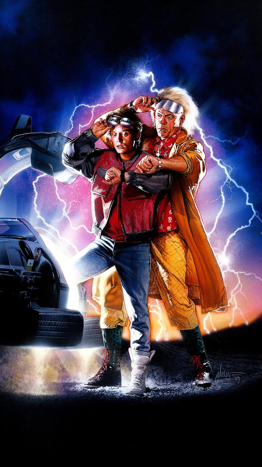Back to the Future Part II Movie Poster Art with Lightning and DeLorean Time Machine HD phone wallpaper