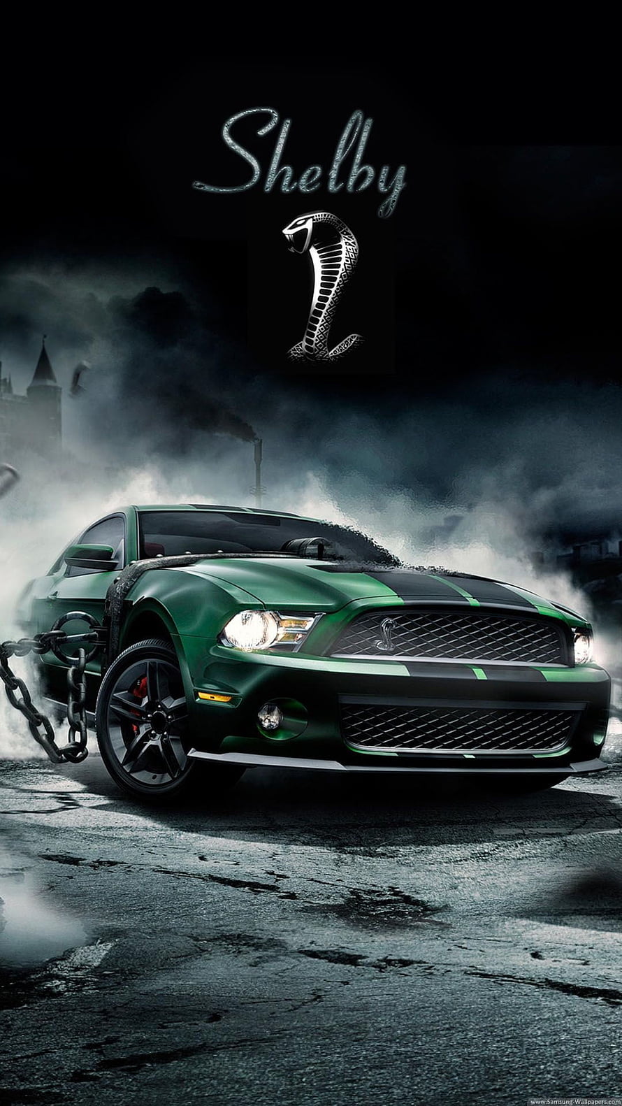 Green Ford Shelby GT500 Super Snake with Chains in Dark Foggy Industrial Setting HD phone wallpaper