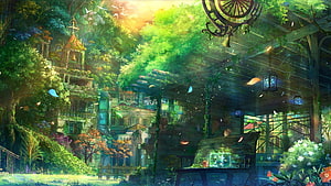 Lush Overgrown Fantasy Village with Ancient Architecture and Hanging Lanterns HD wallpaper