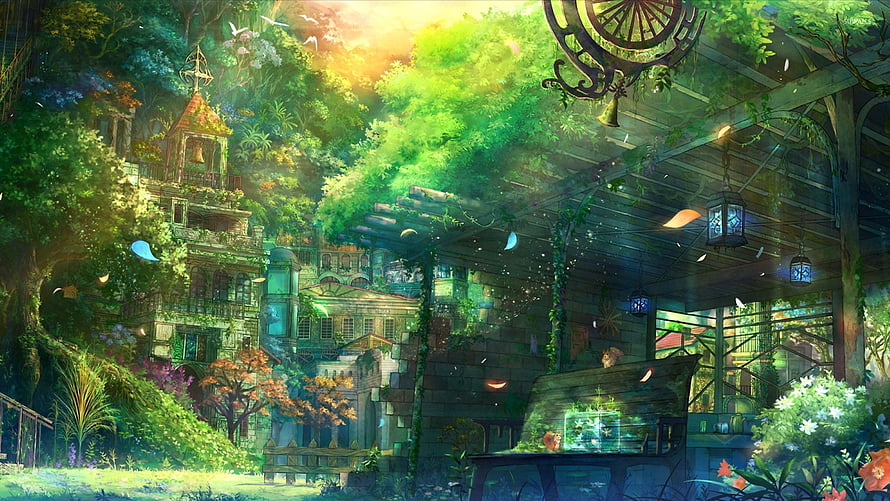 Lush Overgrown Fantasy Village with Ancient Architecture and Hanging Lanterns HD wallpaper