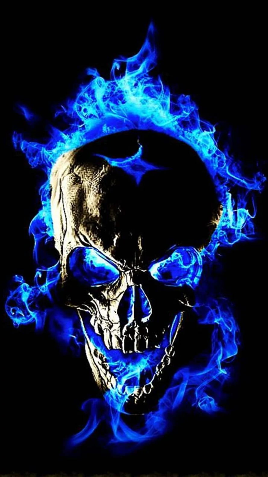 Glowing Blue Fire Skull With Chain On Black Background HD phone wallpaper