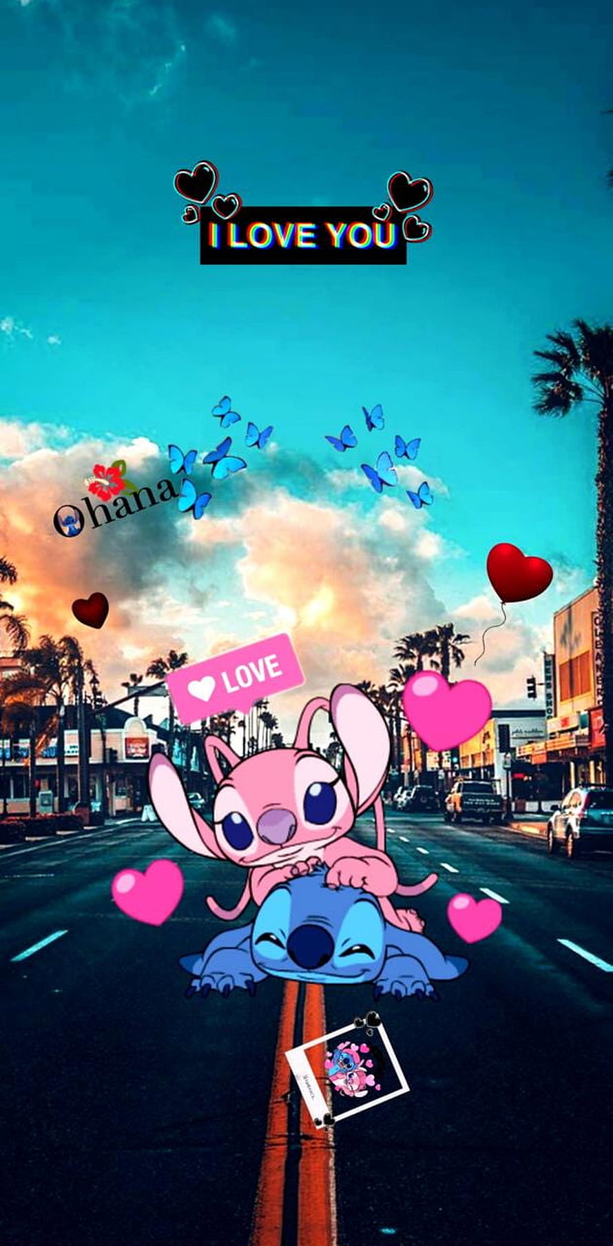 Stitch and Angel Cuddling on a Sunset Street with Hearts and Butterflies HD phone wallpaper
