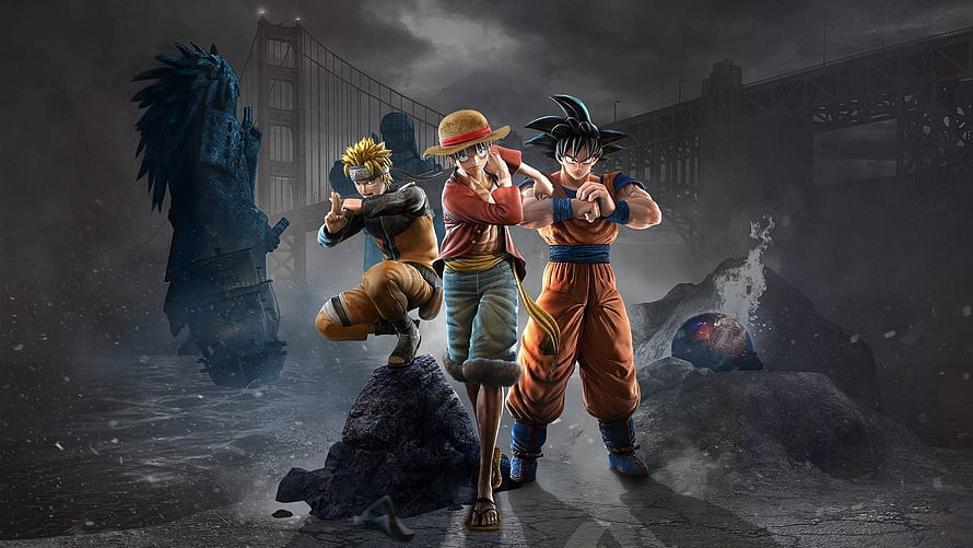 Naruto, Luffy, and Goku Team Up in Epic Crossover Battle Scene HD wallpaper