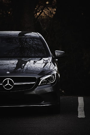 Black Mercedes-Benz C-Class Front Grille and Headlights in Dark Forest Setting HD phone wallpaper