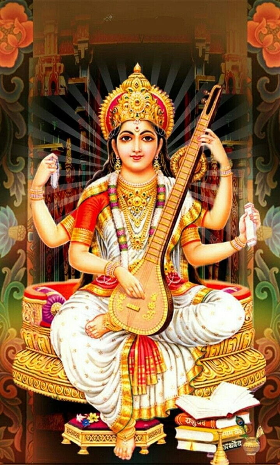 Saraswati Devi Playing Veena in Traditional Indian Art Style HD phone wallpaper