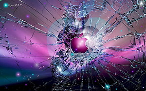 Apple Logo Shattered Through Cracked Glass With Purple and Pink Cosmic Background HD wallpaper
