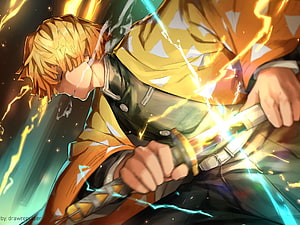 Zenitsu Agatsuma from Demon Slayer Wielding Thunder Breathing Sword in Dynamic Anime Art HD wallpaper