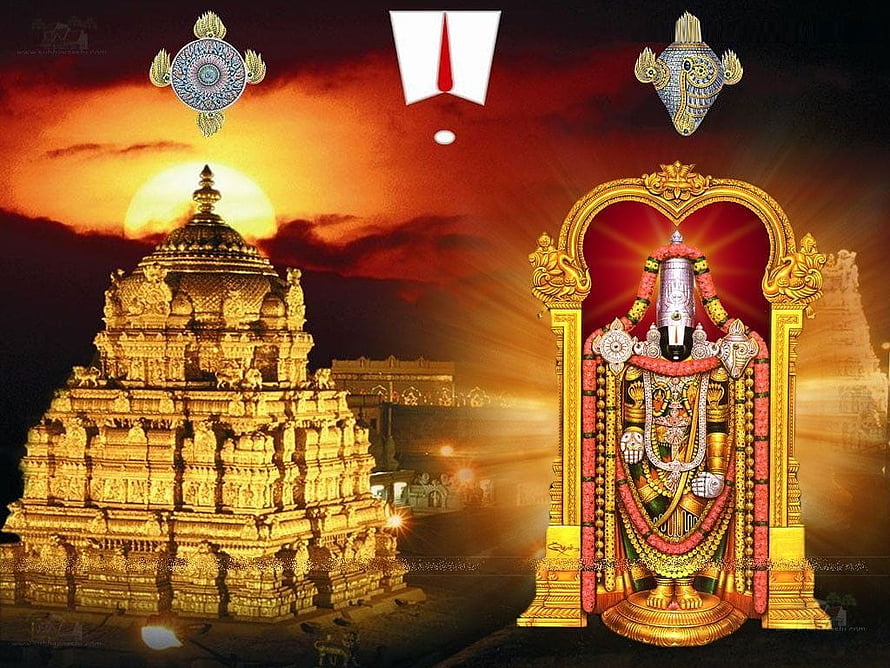 Tirumala Venkateswara Temple and Balaji Deity at Sunset HD wallpaper