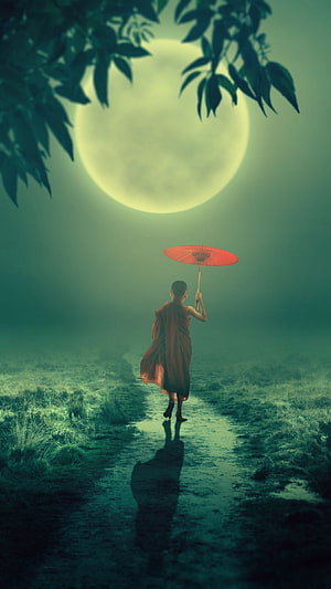 Buddhist Monk Walking on a Misty Path Under a Full Moon with a Red Parasol HD phone wallpaper