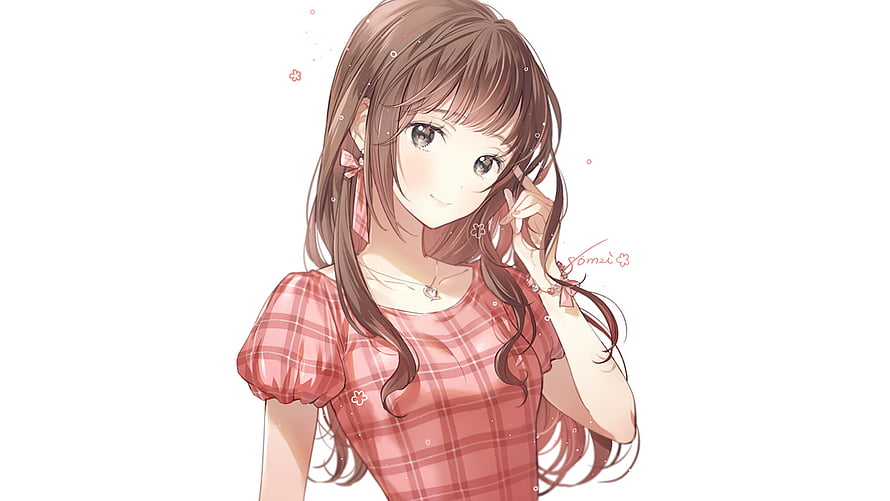 Soft Anime Girl in Pink Plaid Dress with Long Brown Hair and Gentle Smile HD wallpaper