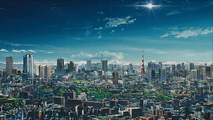 Your Name Anime Tokyo Cityscape with Tokyo Tower Under Bright Blue Sky HD wallpaper