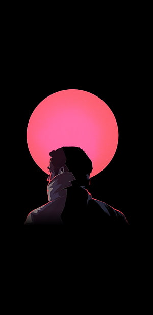 Silhouette of a man in a trench coat standing before a large pink sun against a black background, Blade Runner Amoled, Blade Runner 2049 HD phone wallpaper