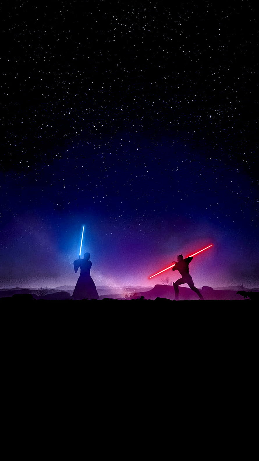 Star Wars Lightsaber Duel Silhouette Under Starry Night Sky HD phone wallpaper