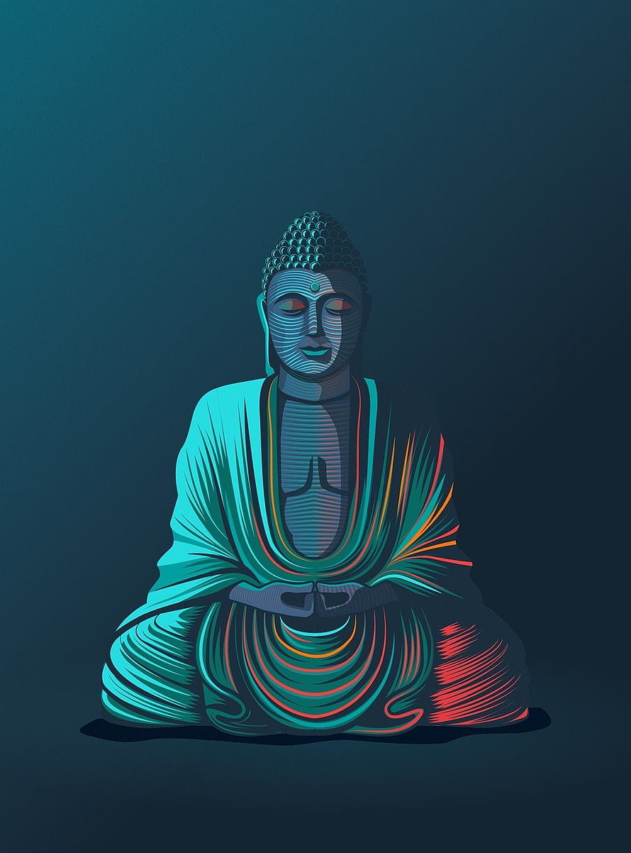 Meditating Buddha in Neon Cyan and Red Vector Art Style HD phone wallpaper