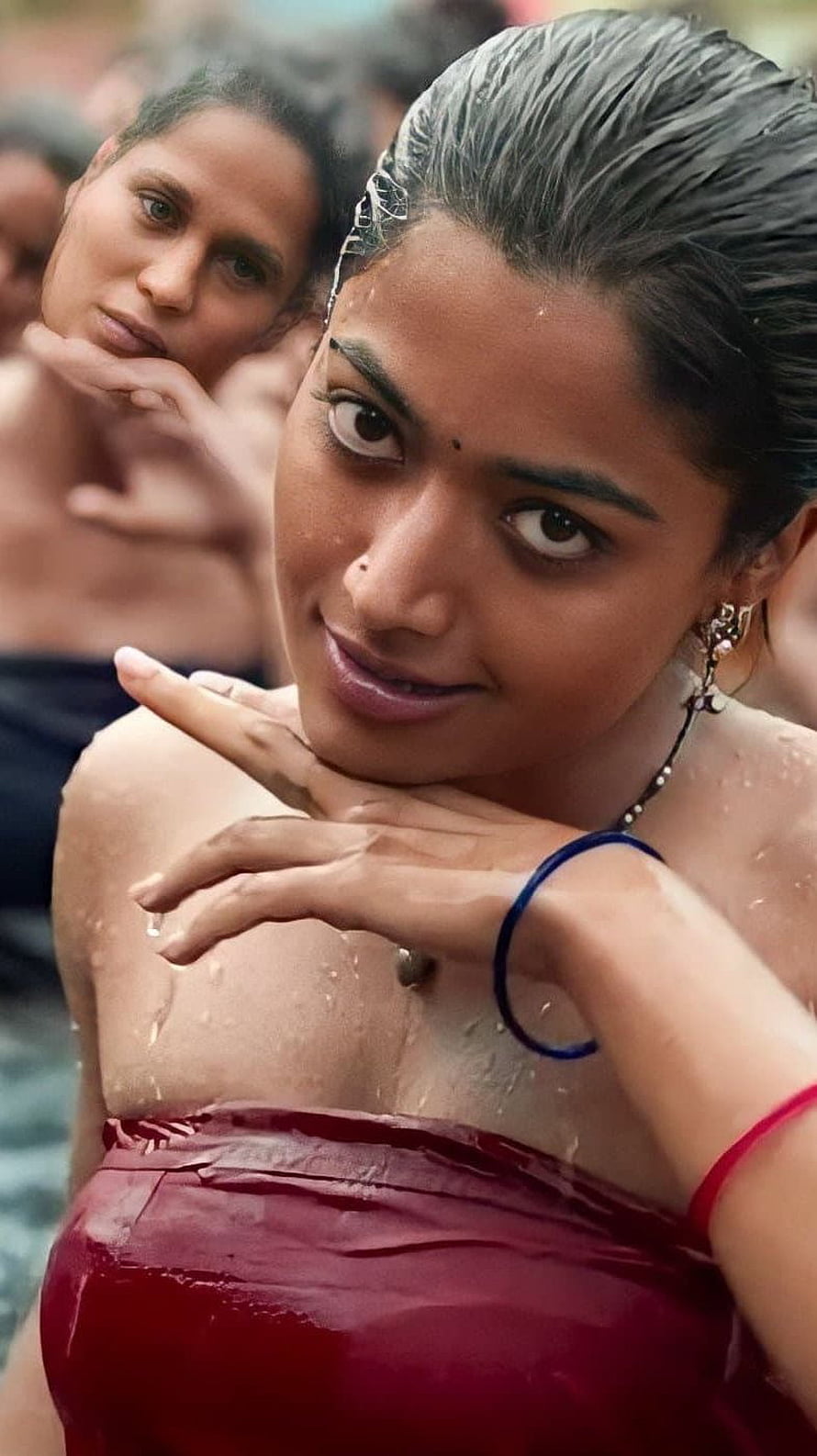 Rashmika Mandanna in Wet Red Saree at Water Festival HD phone wallpaper