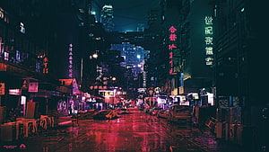 Ghost in the Shell Neon Dystopian City Street at Night HD wallpaper