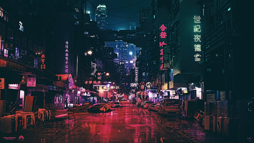 Ghost in the Shell Neon Dystopian City Street at Night HD wallpaper