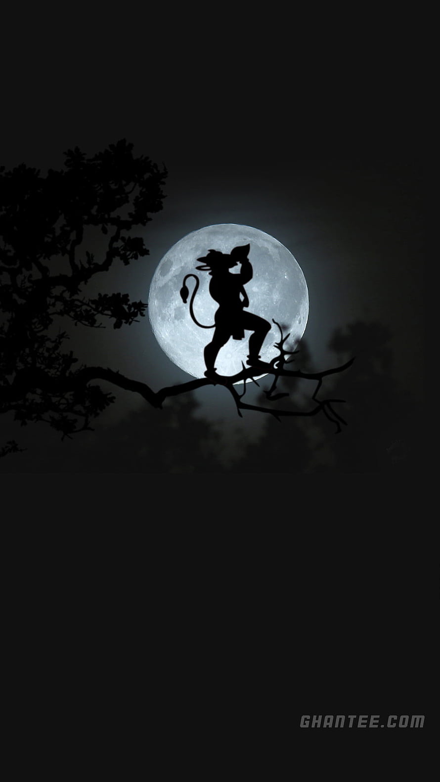 Silhouette of Hanuman on a tree branch against a full moon, hanuman black and white – Ghantee HD phone wallpaper