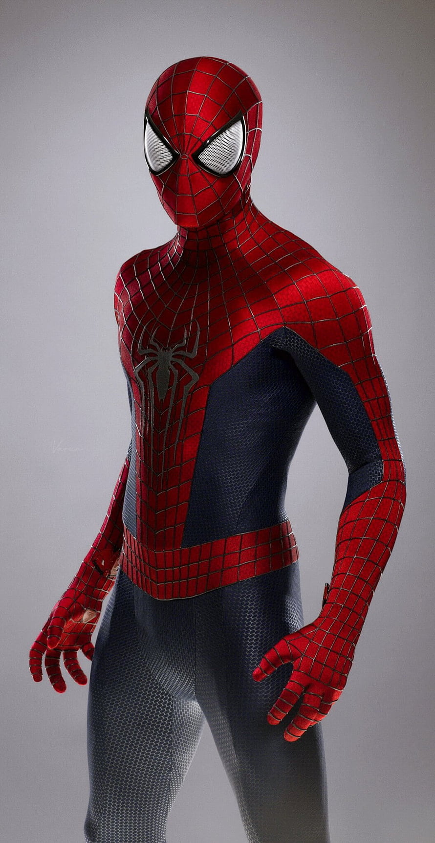 Spider-Man in the Iron Spider suit standing against a neutral grey studio backdrop, Spider Man, head, no Way Home, marvel, Tom Holland, Andrew Garfield, Spiderman HD phone wallpaper