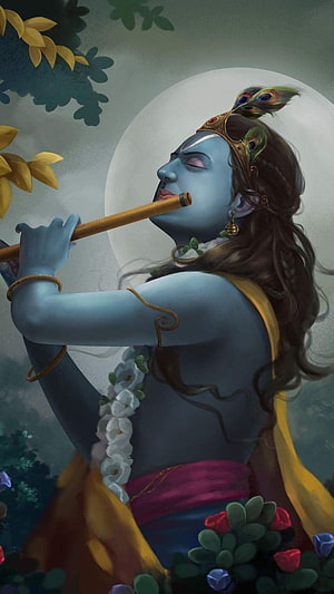 Blue Skinned Lord Krishna Playing Flute Under Full Moon Digital Art Wallpaper HD phone wallpaper