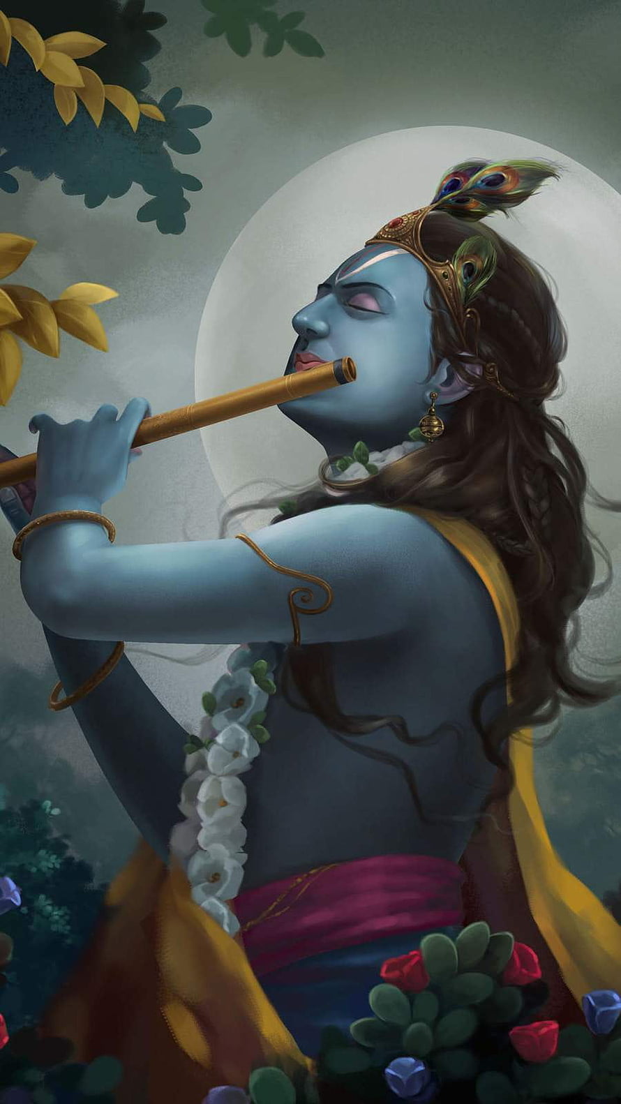 Blue Skinned Lord Krishna Playing Flute Under Full Moon Digital Art Wallpaper HD phone wallpaper