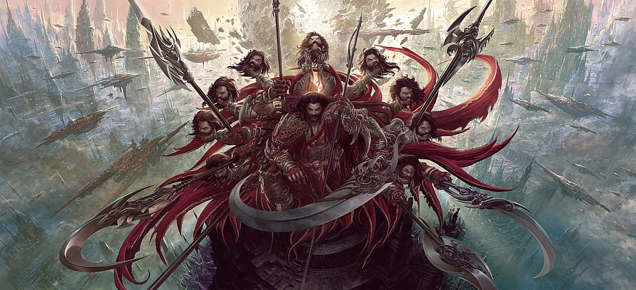 Nine-Headed Warrior God Fantasy Artwork with Red Capes and Weapons HD wallpaper