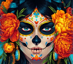 Vibrant Catrina Sugar Skull Portrait Framed by Orange Marigolds and Turquoise Accents HD wallpaper