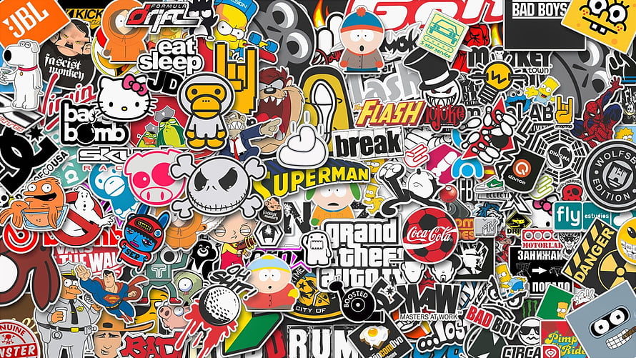 Collage of Pop Culture Stickers Featuring South Park, GTA, and Cartoon Characters HD wallpaper