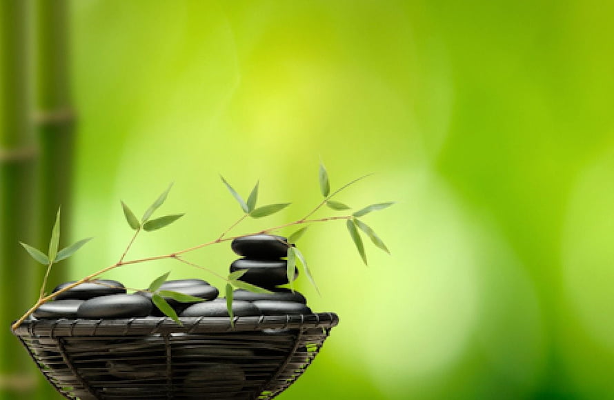 Stacked black zen stones in a woven basket with fresh bamboo sprigs against a soft green background HD wallpaper