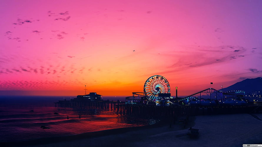 Grand Theft Auto V Online Sunset Panorama with Pier Ferris Wheel and Roller Coaster HD wallpaper