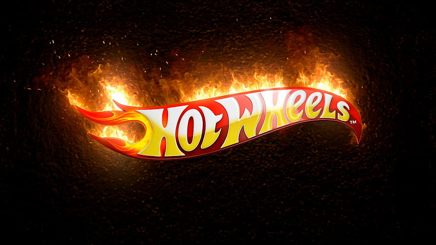 Hot Wheels Logo with Fiery Flames on Dark Textured Background HD wallpaper