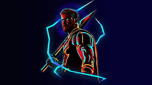 Neon Stylized Thor Holding Mjolnir in Cinematic Marvel Digital Art HD wallpaper