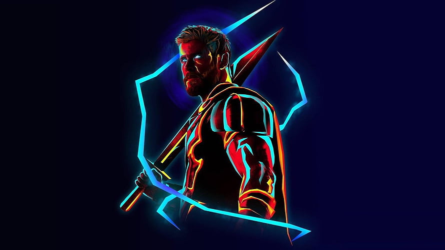 Neon Stylized Thor Holding Mjolnir in Cinematic Marvel Digital Art HD wallpaper