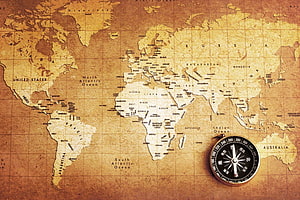 Vintage Antique World Map with Compass on Aged Parchment Texture HD wallpaper