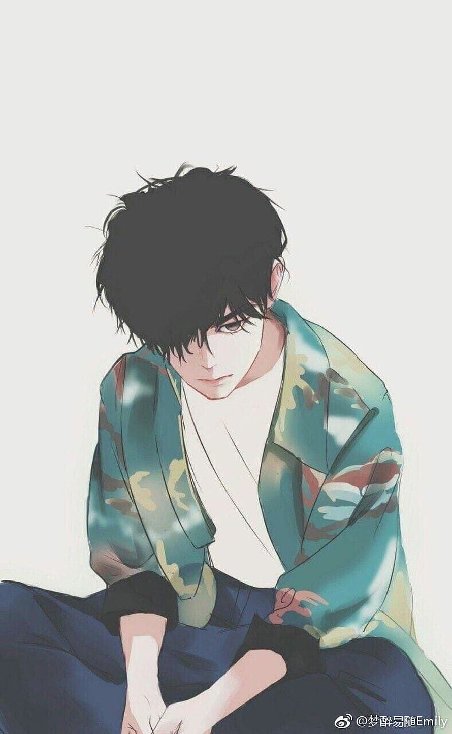 Anime Boy With Black Hair Wearing Teal Camouflage Jacket And White T-Shirt HD phone wallpaper